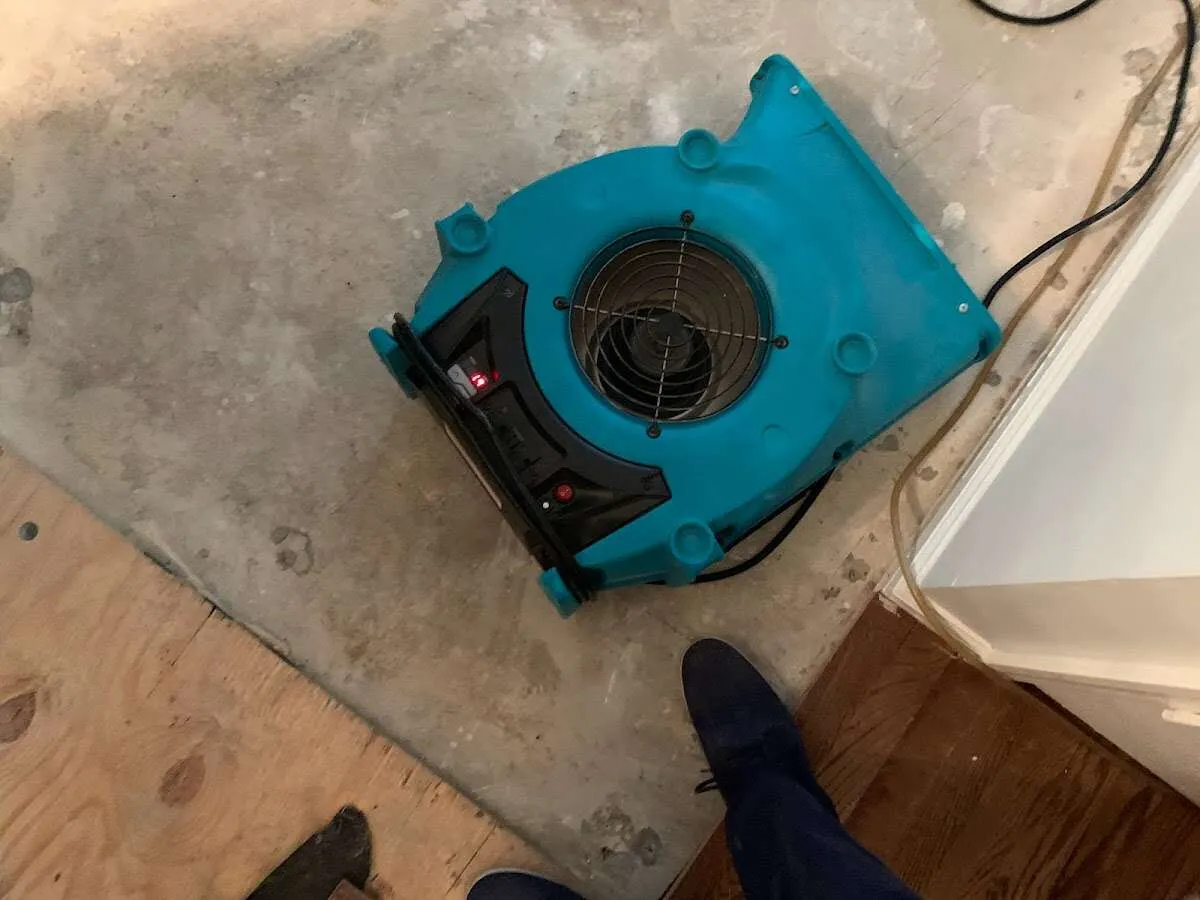 Air mover drying subfloor during Leak Detection & Repair in Orange City